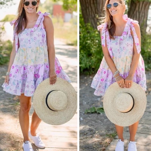 LOVESHACKFANCY Jeanne Pastel Floral Tiered Bow Strap Mini Dress 100% Cotton ~SM - Picture 6 of 16